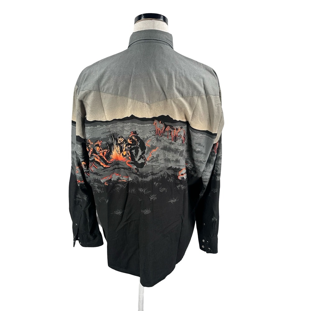 Vintage Roper Western Snap Shirt Mens XL Gray Black Cowboy Campfire Scenic USA - Picture 6 of 11